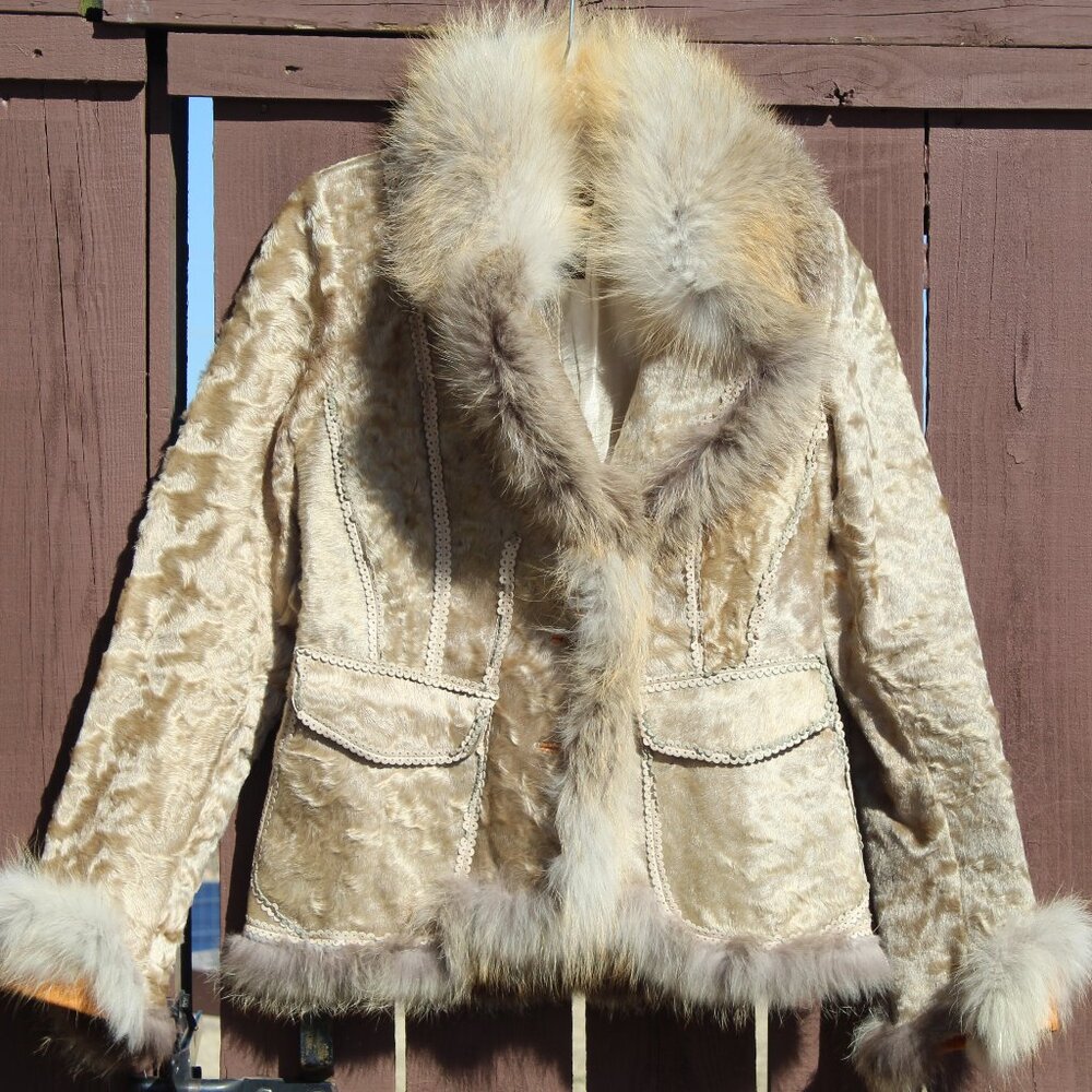 Stunning Vintage Acasta Women's Size 6 Cream Brown Real Fur and Leather Coat